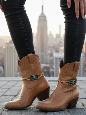 NEW Women Boot Antique Gold Metal Chain Bracelet Shoe Charm Turquoise Bead PAIR